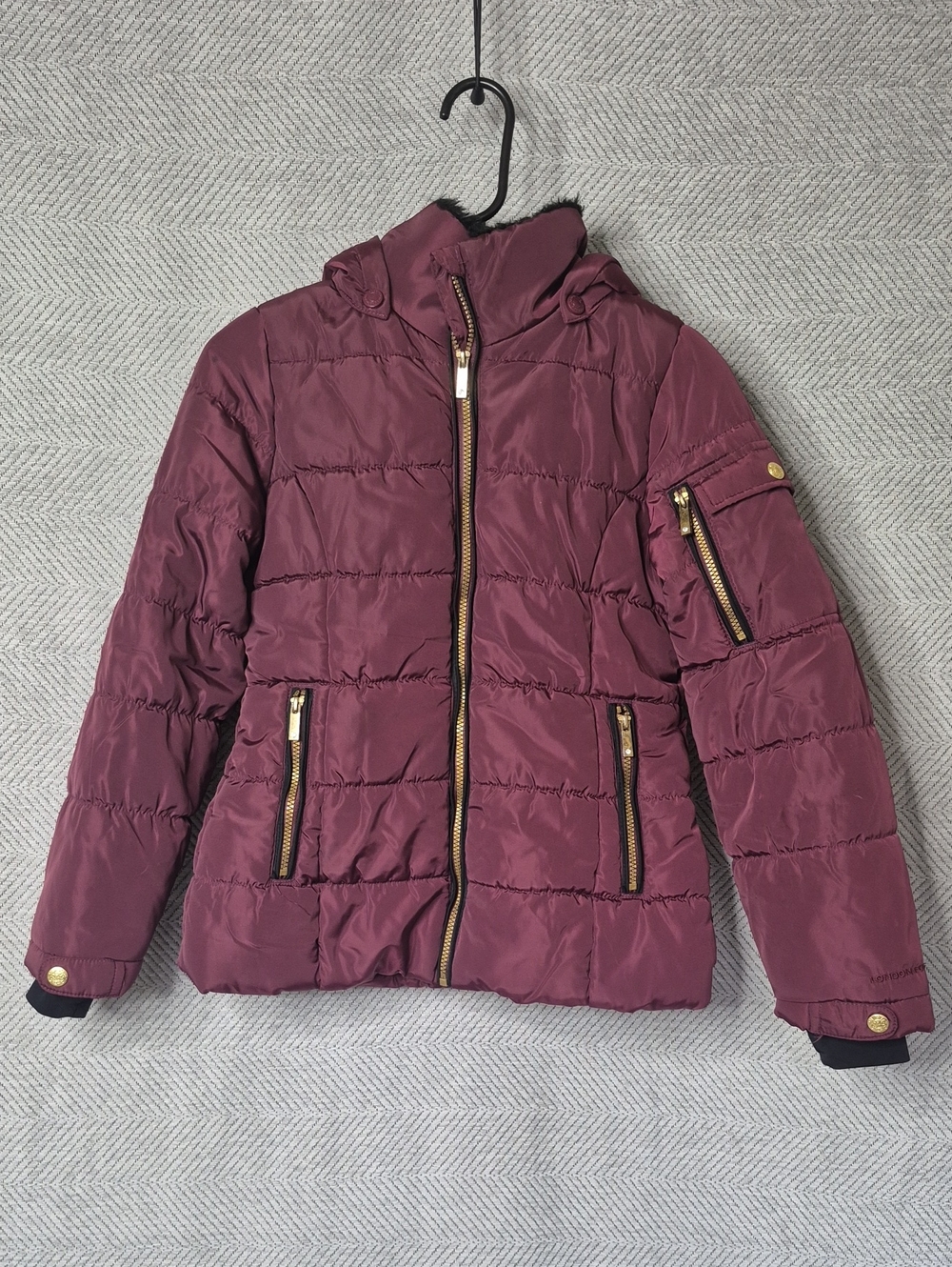 London Fog Girls Rhinestone Faux Fur Hooded Winter Puffer Coat Gold Accent L